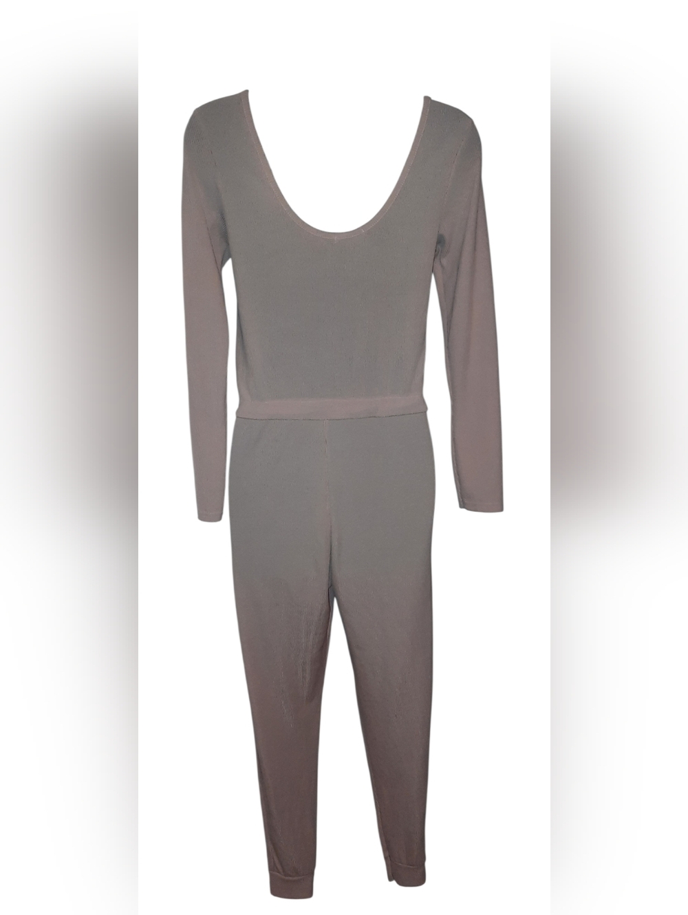 Boohoo Neutral Taupe Ribbed Long-Sleeve Jumpsuit - Picture 4 of 11